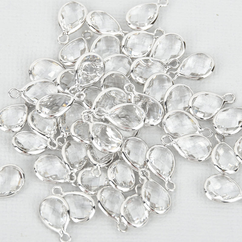 10 Brass Crystal Drop Charms REAL PLATINUM PLATED Silver Teardrop Crystal Dot Charms 12mm chs5241