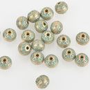 10 Light Gold Round Beads 8mm, Blue Verdigris Patina, Carved Bali Style Metal Spacer Beads bme0516