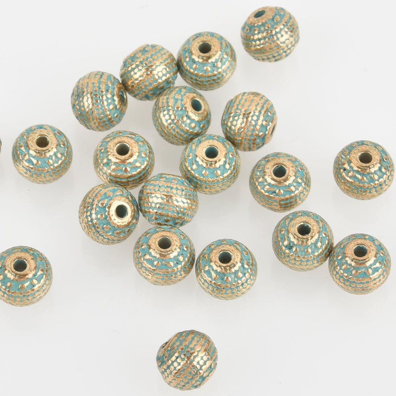 10 Light Gold Round Beads 8mm, Blue Verdigris Patina, Carved Bali Style Metal Spacer Beads bme0516