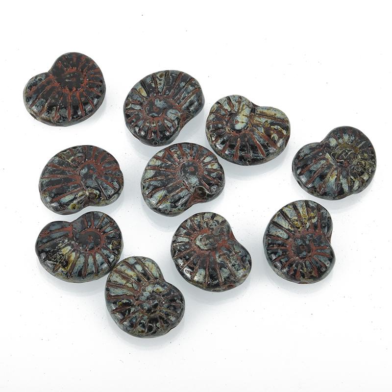 10 AMMONITE Czech Glass Beads Black, Grey, Green, Red 17mm bgl0182