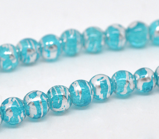8mm BLUE Crackle Glass Beads with Silver Foil double strand, 116 beads bgl0330