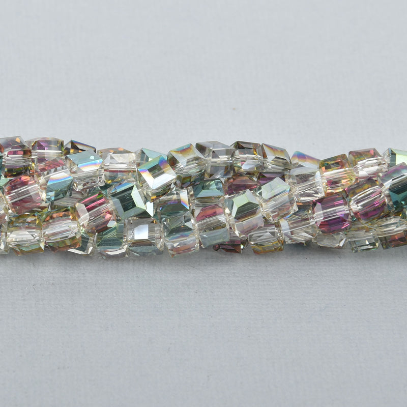 6mm Faceted Crystal CUBE Beads, Precision Cut, Metallic NORTHERN LIGHTS ab, 10" strand about 50 beads, bgl0602b