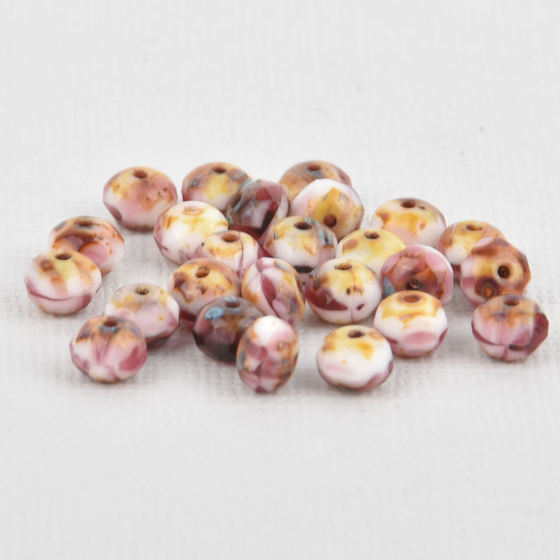 25 Czech Glass Beads Dark 6mm Pink and White Picasso Rondelle faceted bgl0757