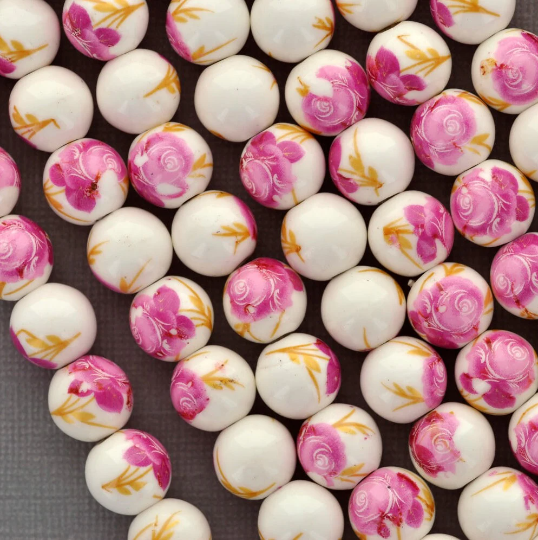 12mm WHITE with PINK ROSE Flowers Round Ceramic Porcelain Beads . bgl0780