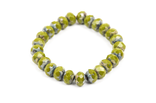 25 Rondelle Czech Pressed Glass Beads, 8mm faceted, green Picasso. bgl0929