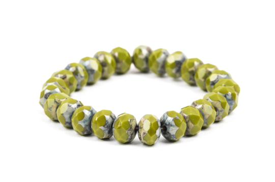 25 Rondelle Czech Pressed Glass Beads, 8mm faceted, green Picasso. bgl0929