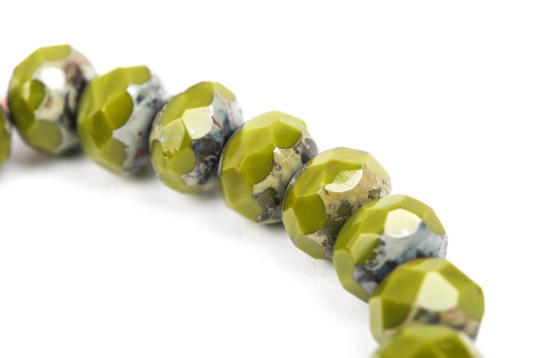 25 Rondelle Czech Pressed Glass Beads, 8mm faceted, green Picasso. bgl0929