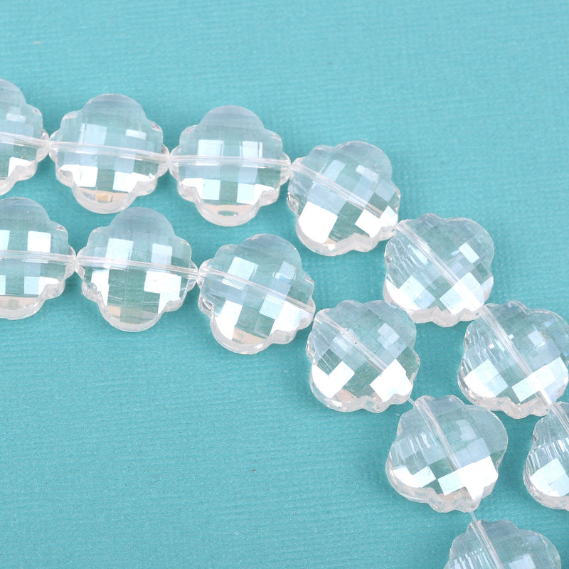 10 CLEAR QUATREFOIL Crystal Glass Beads, checkerboard faceted,  20mm, bgl1358