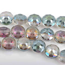 14mm NORTHERN LIGHTS Glass Coin Beads, Etched with Flower Pattern Both Sides, Faceted Puffed Coin, 18 beads, bgl1612