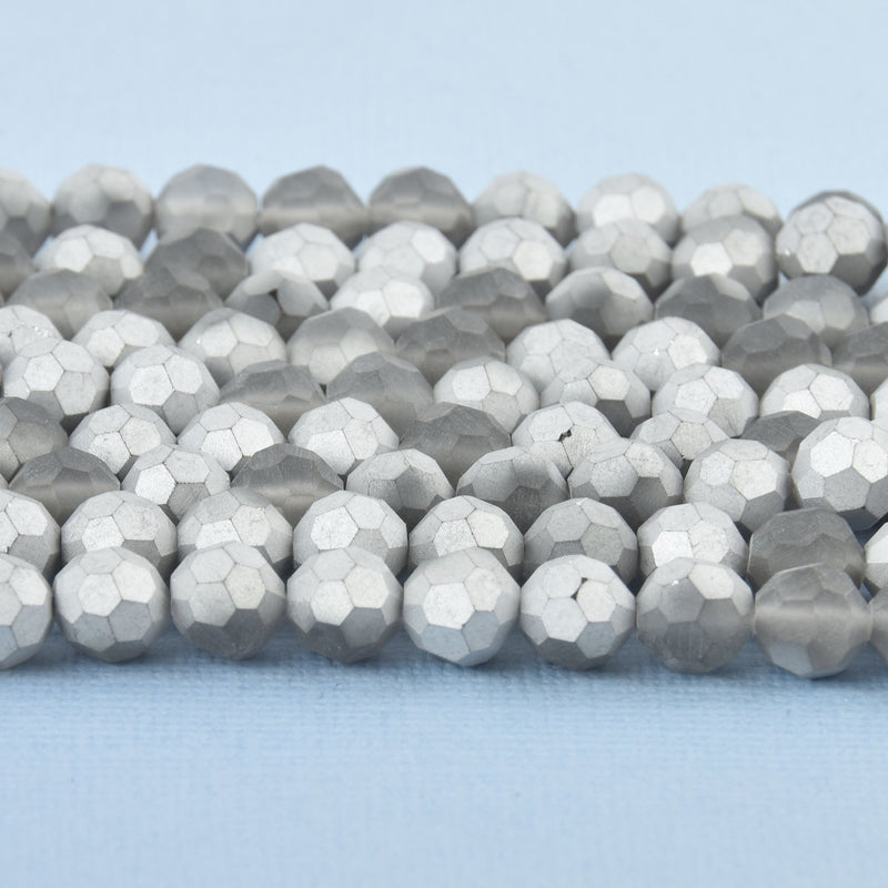 8mm MATTE Dark GRAY SILVER Glass Crystal Round Beads, Opaque Faceted Beads, 34 beads, bgl1698