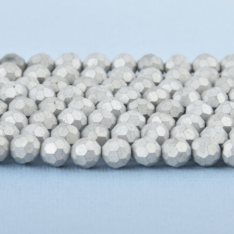 8mm MATTE GRAY SILVER Glass Crystal Round Beads, Opaque Faceted Beads, 34 beads, bgl1706