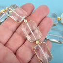 27mm Crystal Clear Glass RECTANGLE Beads Transparent Gold Metal Bezel faceted half strand 6 beads bgl1726