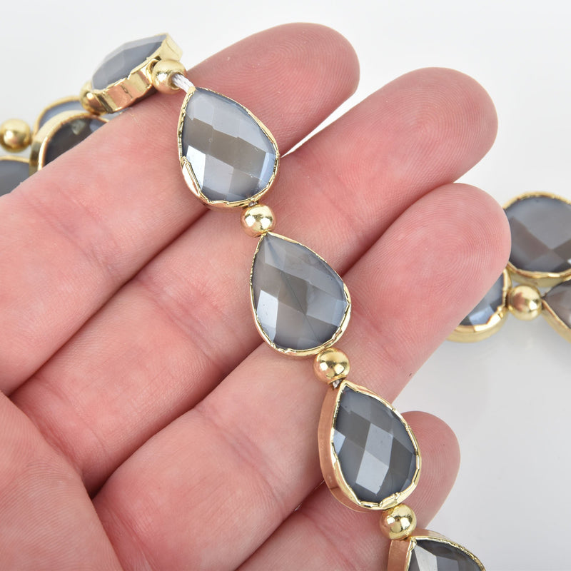 18mm Gray Glass TEARDROP Beads Gold Metal Bezel faceted half strand 9 beads bgl1727
