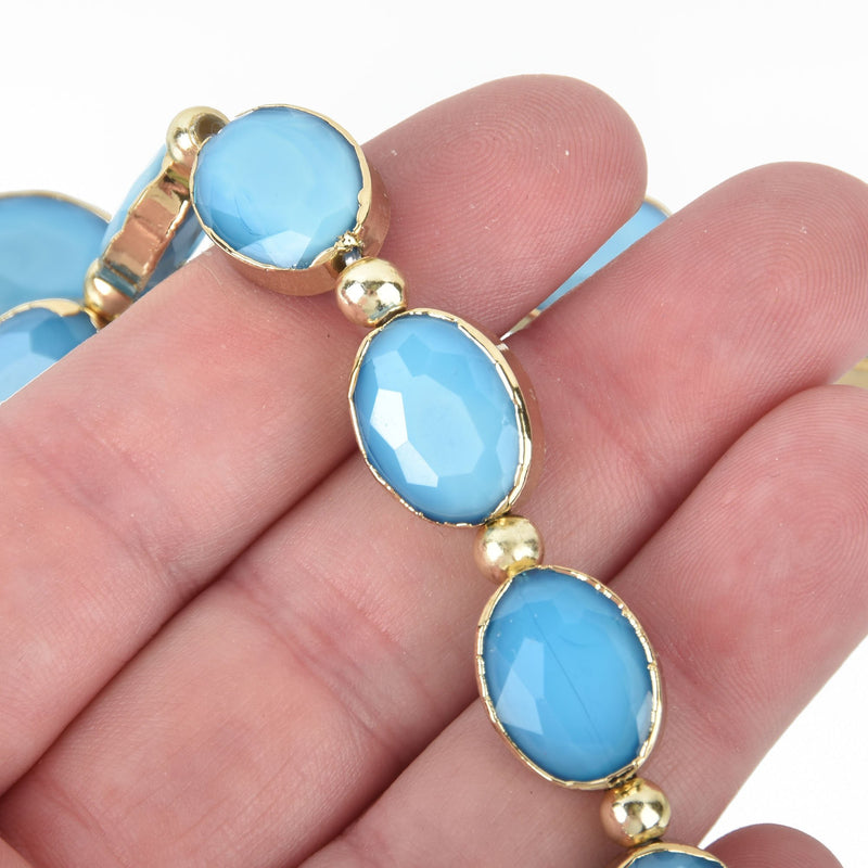 16mm Turquoise Blue Glass OVAL Beads Dusk Rose Gold Metal Bezel faceted half strand 9 beads bgl1729