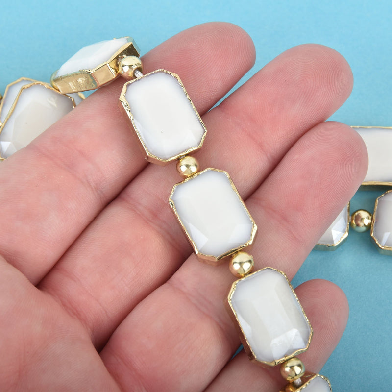 18mm White Glass RECTANGLE Beads Gold Metal Bezel faceted half strand 9 beads bgl1731