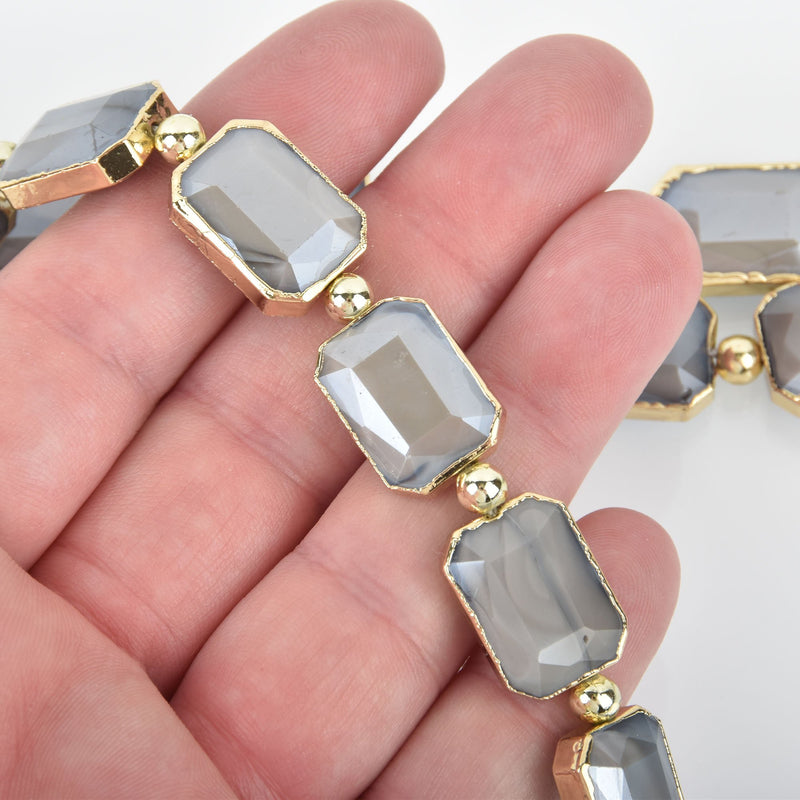 18mm Gray Glass RECTANGLE Beads Gold Metal Bezel faceted half strand 9 beads bgl1732