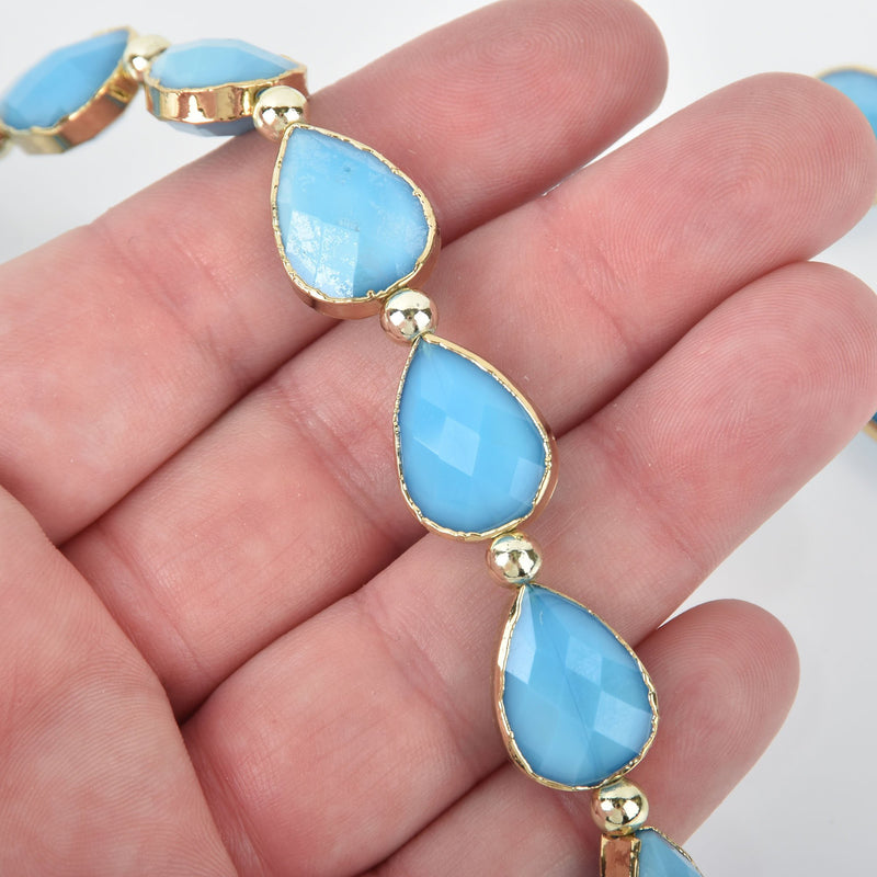 18mm Turquoise Blue Glass TEARDROP Beads Gold Metal Bezel faceted half strand 9 beads bgl1733