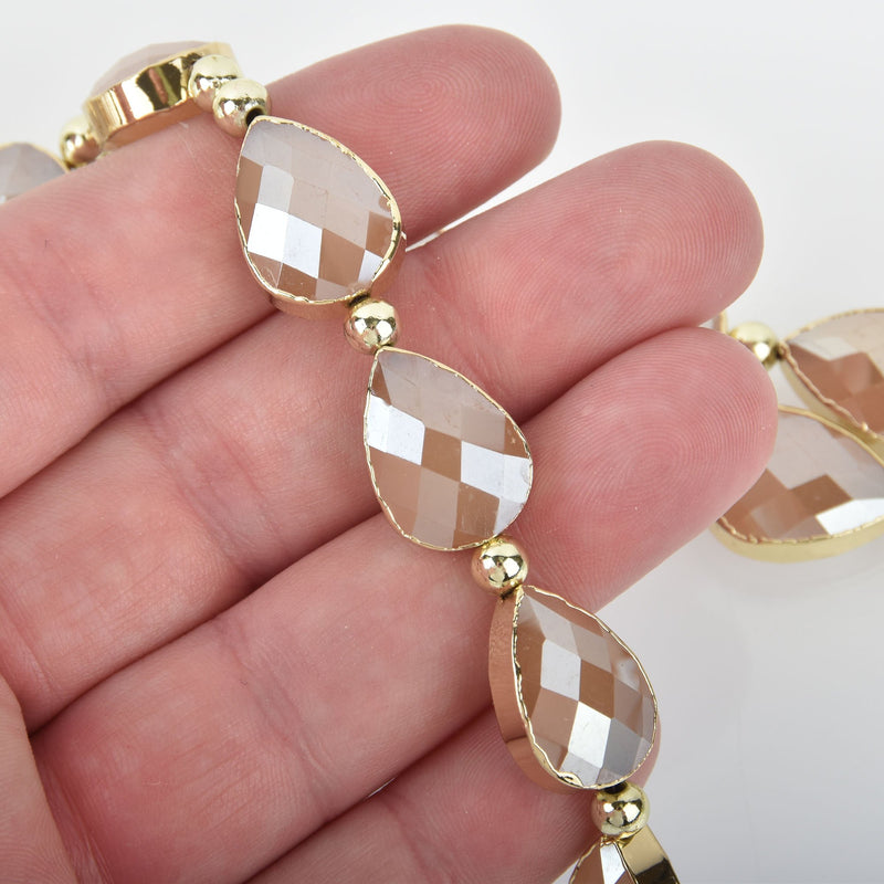 18mm Taupe Glass TEARDROP Beads Gold Metal Bezel faceted half strand 9 beads bgl1734