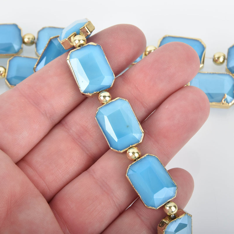 18mm Turquoise Blue Glass RECTANGLE Beads Gold Metal Bezel faceted half strand 9 beads bgl1735