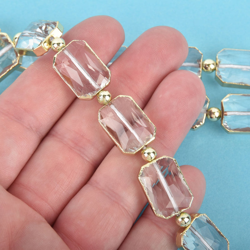 18mm Clear Glass RECTANGLE Beads Gold Metal Bezel faceted half strand 9 beads bgl1736