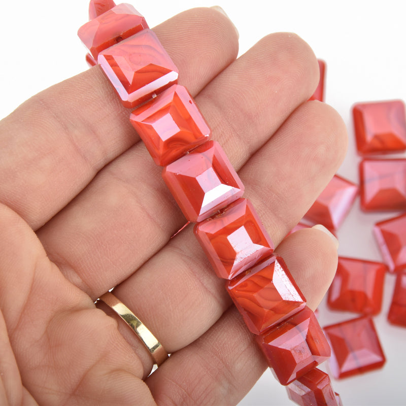 12mm RED SWIRL Square Crystal Glass Beads x15 beads bgl1740