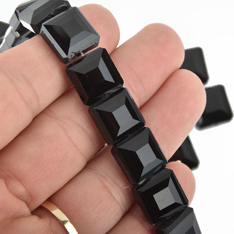 12mm JET BLACK Square Crystal Glass Beads x15 beads bgl1748
