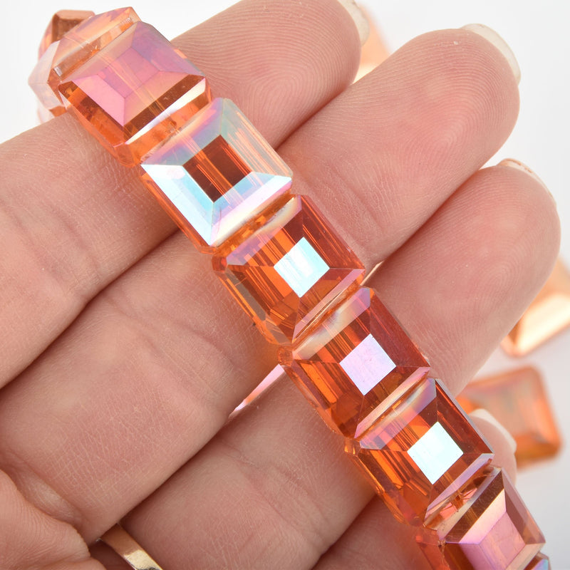 12mm Padparadscha AB Square Crystal Glass Beads x15 beads bgl1754