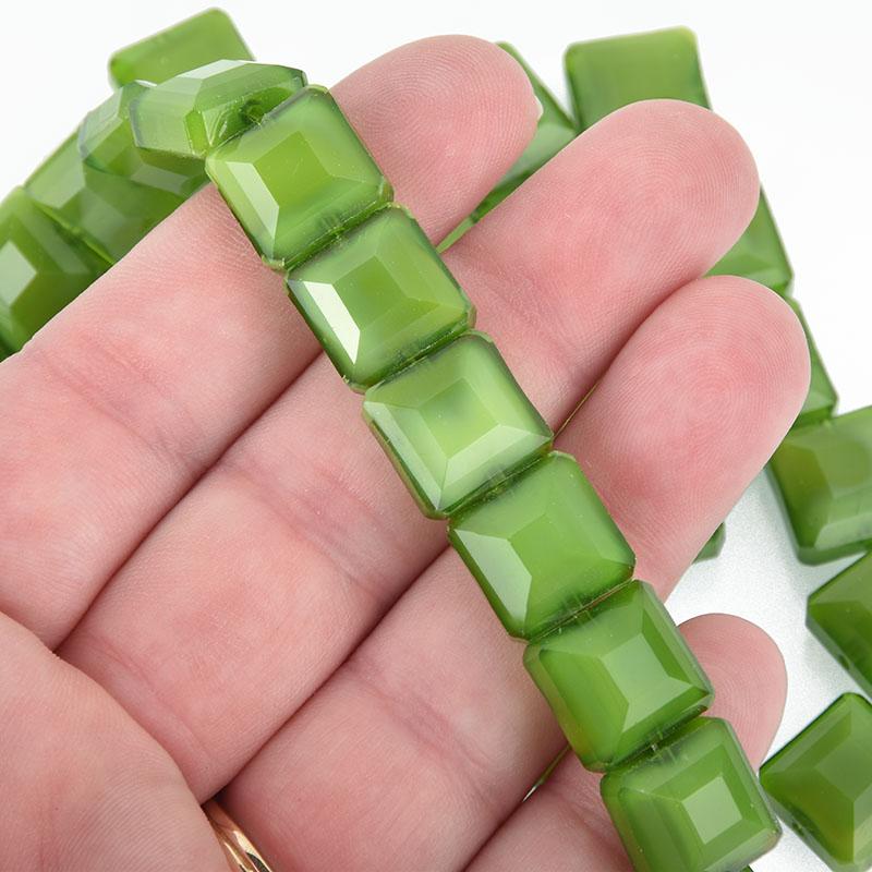 12mm GRASS GREEN Square Crystal Glass Beads x15 beads bgl1784