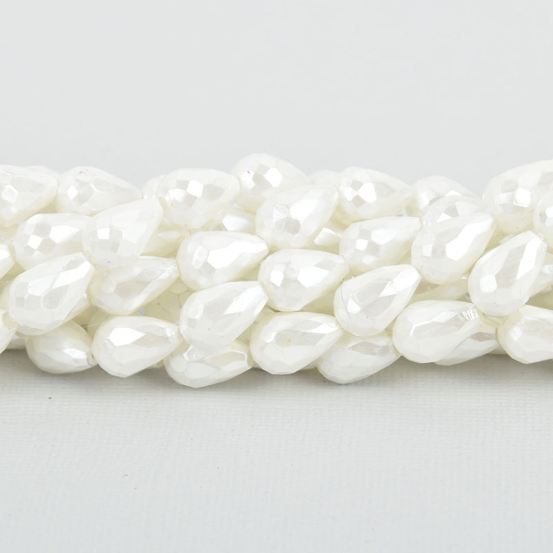 12mm White Pearl Teardrop Crystal Beads, Faceted Opaque Glass 30 beads bgl1825