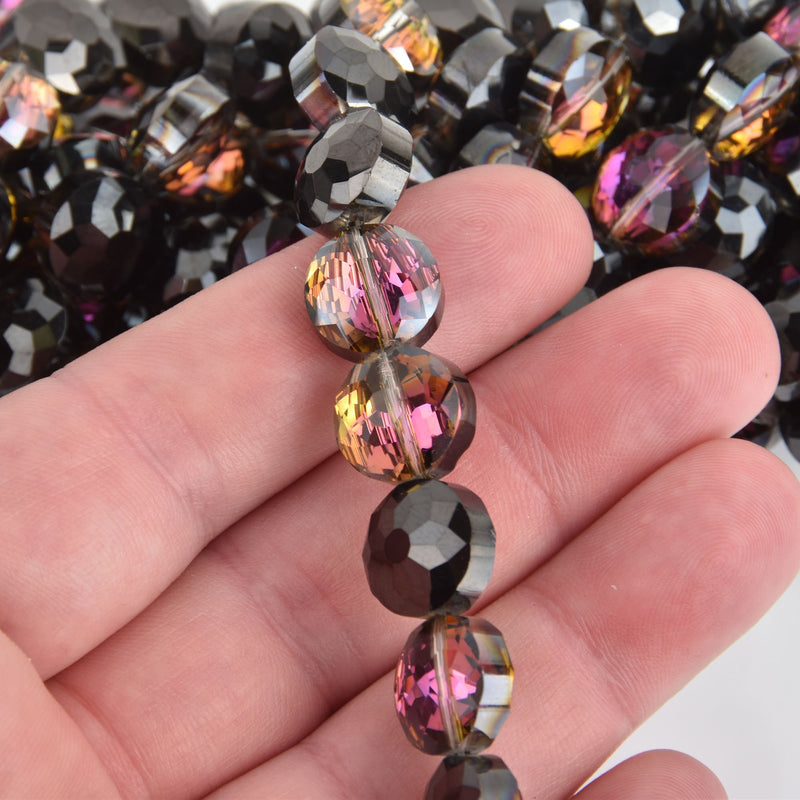 12mm BLACK VITRAIL Round Coin Crystal Beads, Faceted Glass, strand, 20 beads, bgl1845