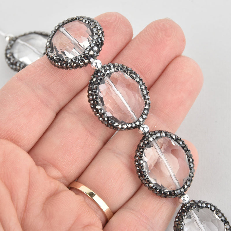 24mm Clear Oval Crystal Beads Micro Pave GUNMETAL Bezel, x2 beads bgl1849