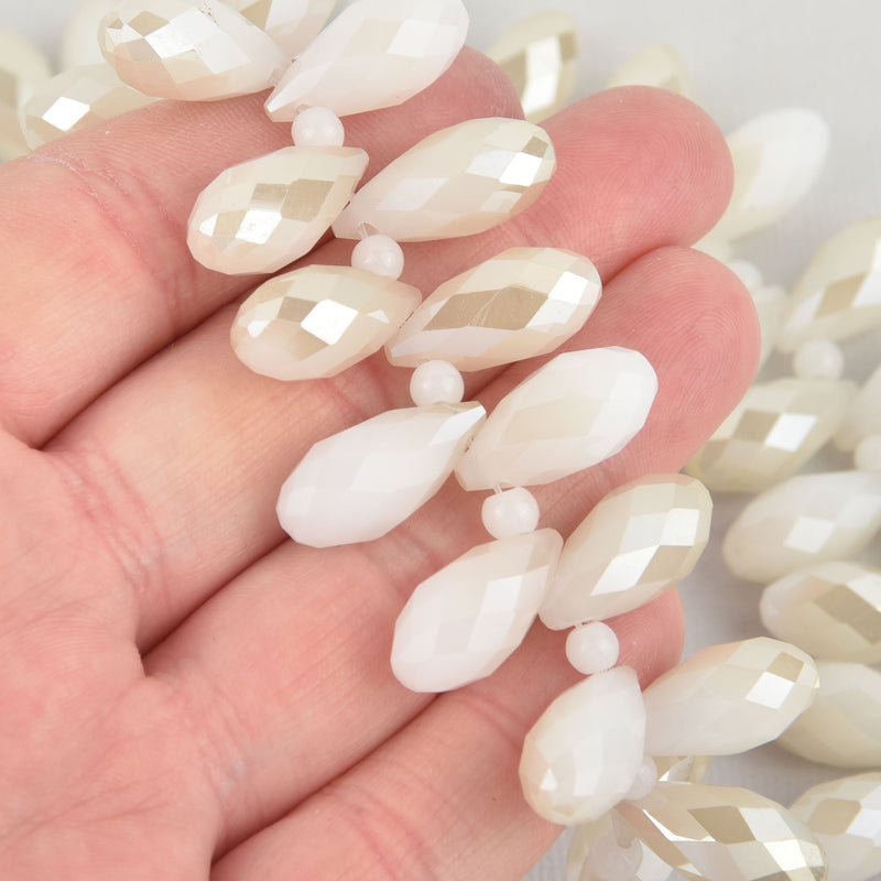 10 WHITE CREAM Crystal Briolette Beads, top-drilled teardrop, faceted 20mm, bgl1853