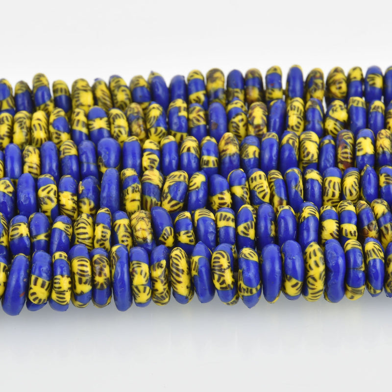 10mm to 12mm Blue Yellow Glass Rondelle African Trade Beads Recycled Glass x25 beads bgl1869