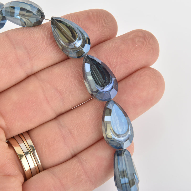 6 Crystal Mystic Blue AB Coated Teardrop Beads, Sculpted Detail, 20mm, bgl1884