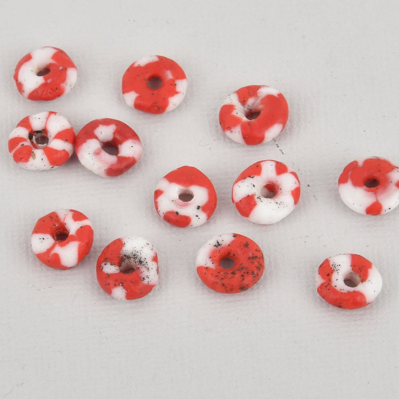 10mm to 12mm Red White Glass Rondelle African Trade Beads Recycled Glass x25 beads bgl1895
