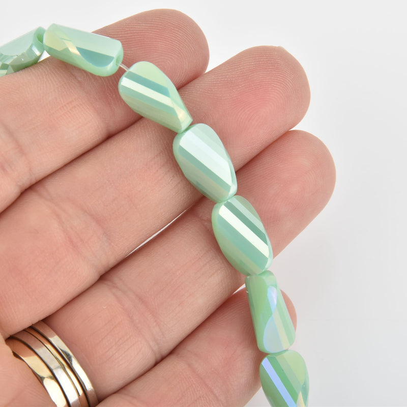13mm Glass Crystal Beads, Mint Green AB Oval Twist, Faceted, x10 beads, bgl1936