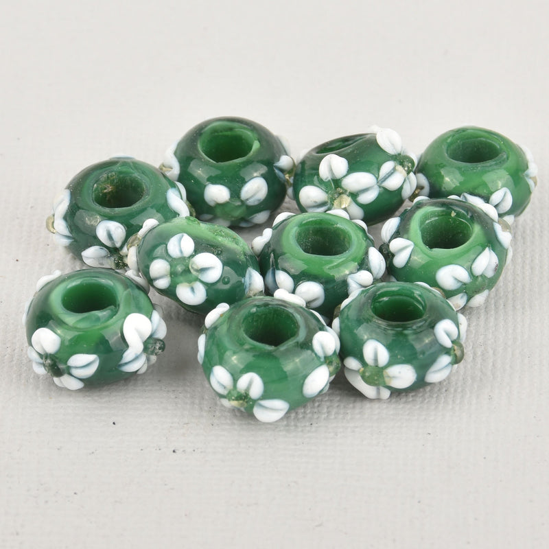 4 Green Lampwork Glass Beads, Large Hole European Glass Beads, 14mm, bgl1942
