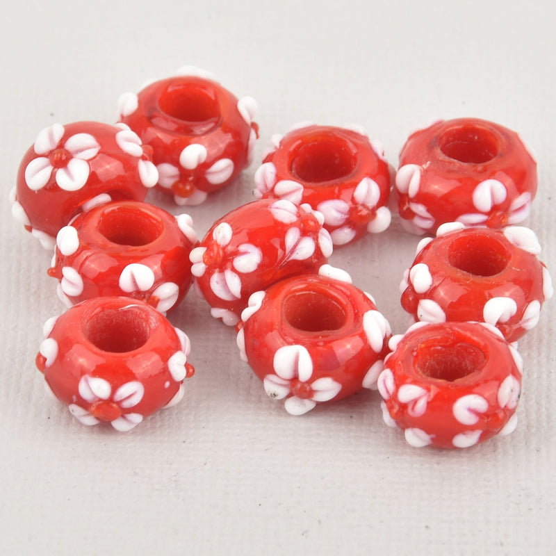 4 Red Lampwork Glass Beads, Large Hole European Glass Beads, 14mm, bgl1943