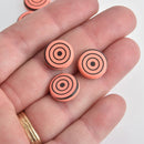 14mm Orange Coral Czech Glass Coin Beads, 2-holes, Laser Etched Bullseye Pattern, x6 beads, bgl1949
