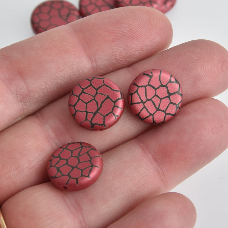 14mm Red Czech Glass Coin Beads, 2-holes, Laser Etched Crackle Pattern, x6 beads, bgl1950