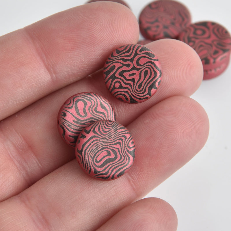 14mm Red Czech Glass Coin Beads, 2-holes, Laser Etched Swirl Pattern, x6 beads, bgl1951