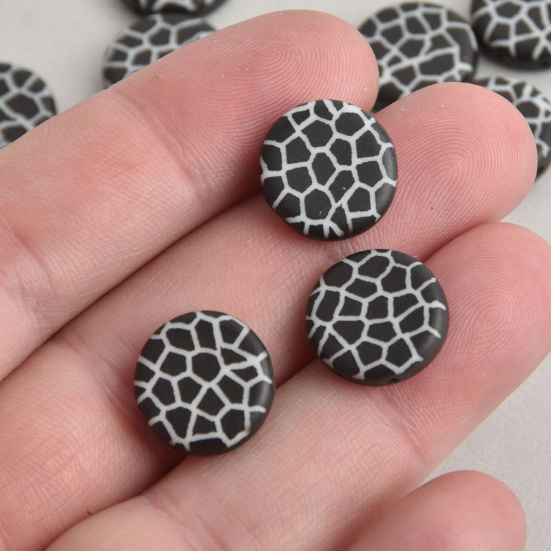 14mm Black Czech Glass Coin Beads, 2-holes, Laser Etched Crackle Pattern, x6 beads, bgl1952