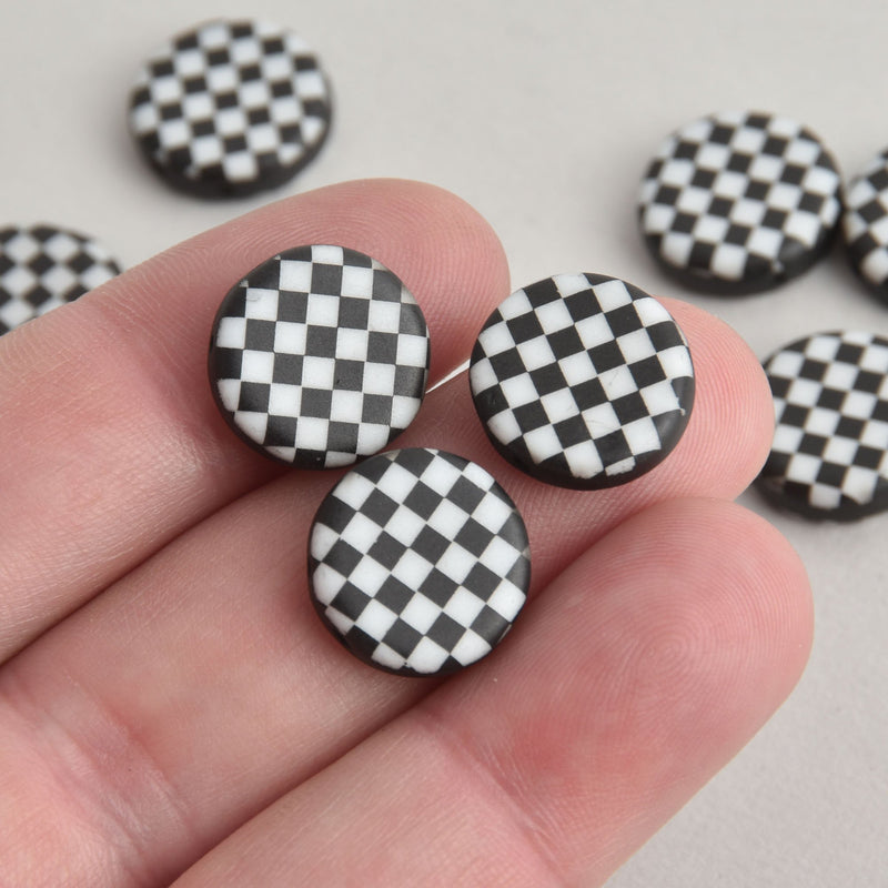 14mm Black Czech Glass Coin Beads, 2-holes, Laser Etched Checkerboard Pattern, x6 beads, bgl1954