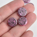 14mm Pink Czech Glass Coin Beads, 2-holes, Laser Etched Swirl Pattern, x6 beads, bgl1955