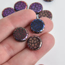 14mm Purple Czech Glass Coin Beads, 2-holes, Laser Etched Metallic Crackle Pattern, x6 beads, bgl1956