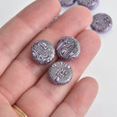 14mm Purple Czech Glass Coin Beads, 2-holes, Laser Etched Swirl Pattern, x6 beads, bgl1957