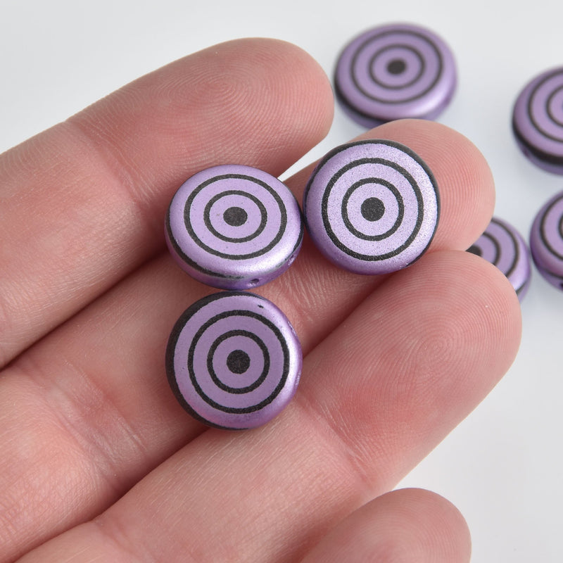 14mm Purple Czech Glass Coin Beads, 2-holes, Laser Etched Bullseye Pattern, x6 beads, bgl1958