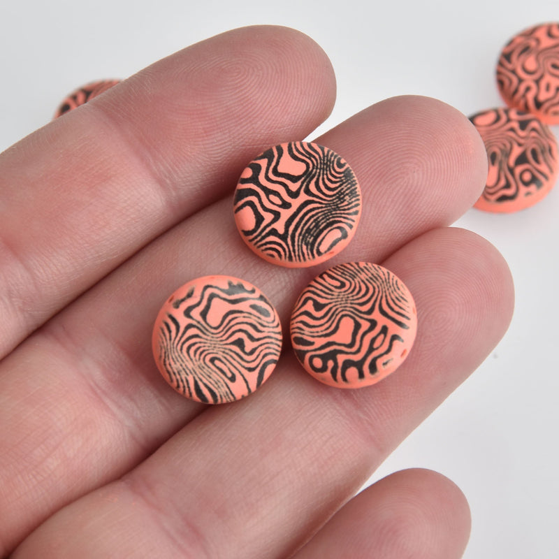 14mm Orange Coral Czech Glass Coin Beads, 2-holes, Laser Etched Swirl Pattern, x6 beads, bgl1960
