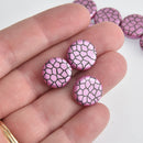 14mm Pink Czech Glass Coin Beads, 2-holes, Laser Etched Crackle Pattern, x6 beads, bgl1961