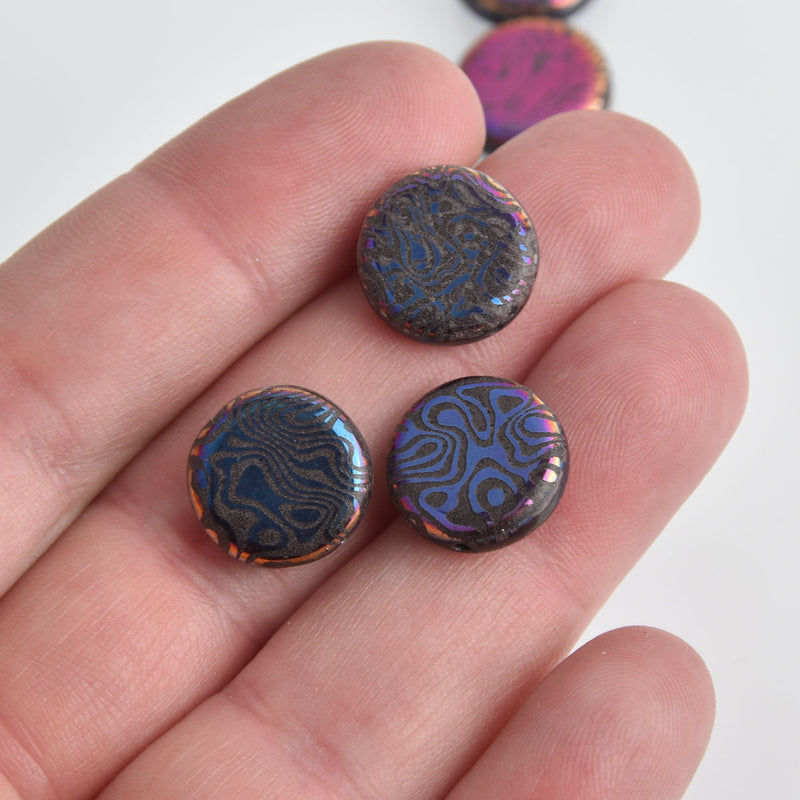 14mm Purple Czech Glass Coin Beads, 2-holes, Laser Etched Metallic Swirl Pattern, x6 beads, bgl1962